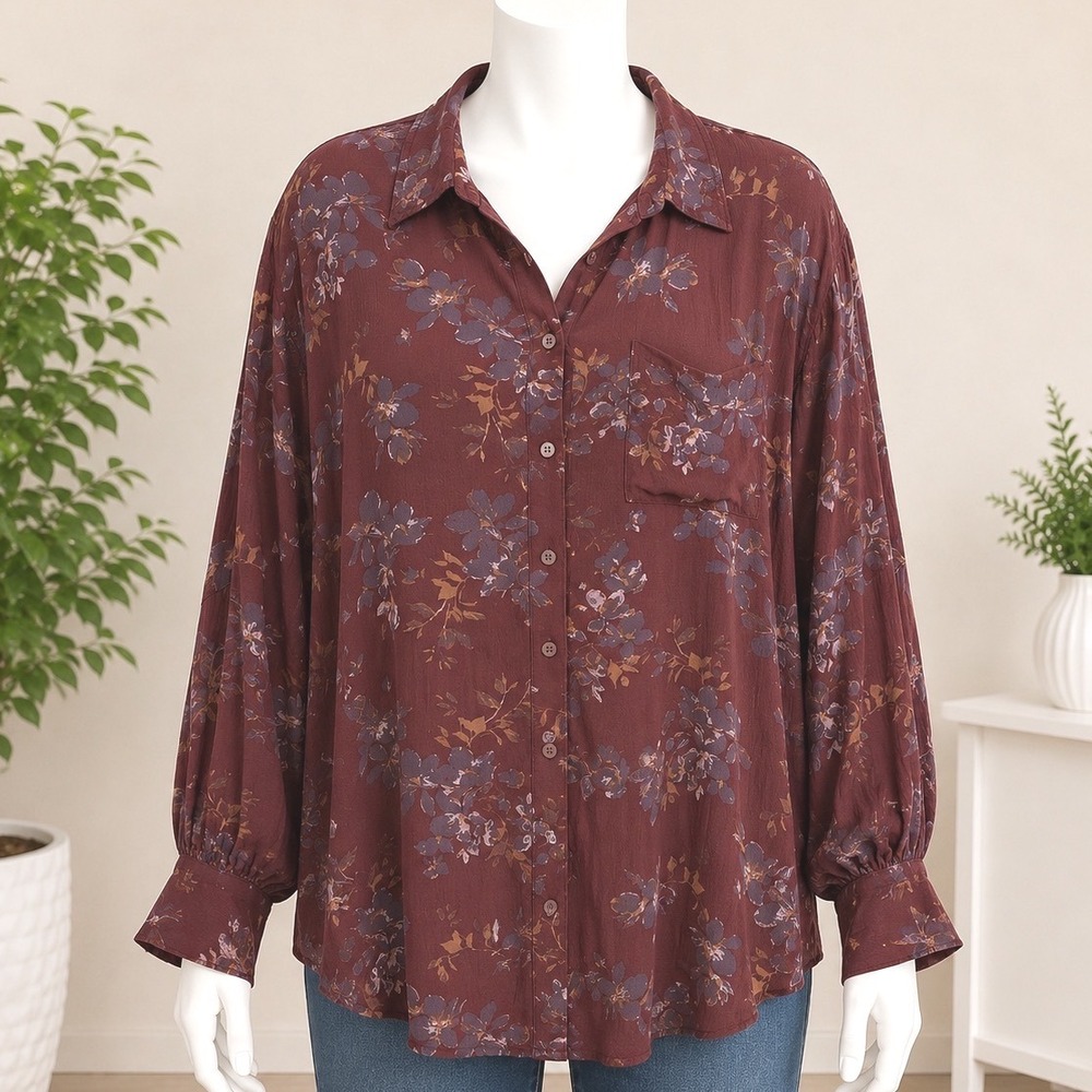 FESTI By Torrid Floral Tunic Festival Indie Rayon‎ Blouse Maroon Size 2 Bohemian